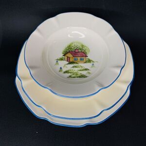 3 NS Gustin Los Angeles Pottery Serving Bowl Plate Blue Red Roofed Farm House